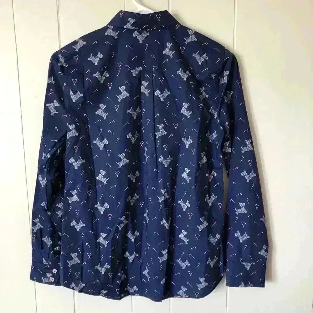 Talbots Christmas Holiday Theme Dog Printed Button Down Navy Cotton Shirt XS - Picture 6 of 7